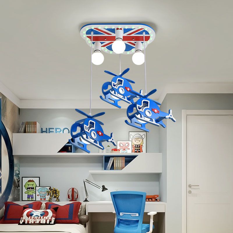 Metallic Helicopter Multi-Pendant Cartoon 6 Bulbs Hanging Ceiling Light in Blue for Kids Room