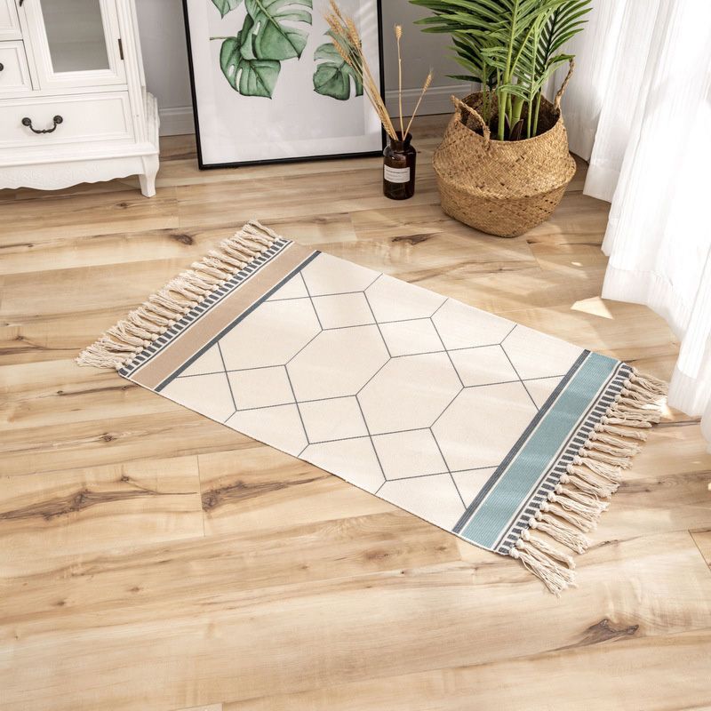 Classic Geometric Printed Rug Multi-Colored Cotton Blend Carpet Easy Care Washable Rug with Fringe for Bedroom