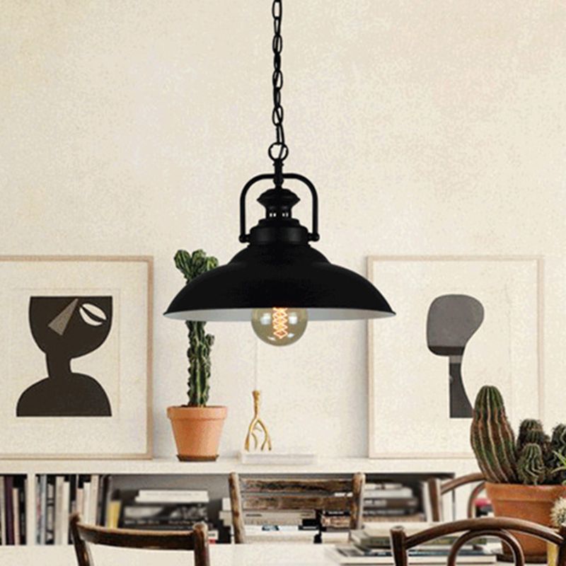 1 Head Hanging Lamp Vintage Pot Cover Metal Lighting Pendant with Handle in Black Outer & White Inner