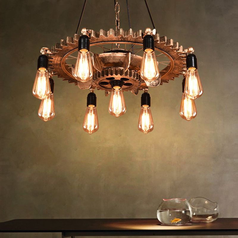 9 Lights Gear Design Ceiling Fixture Antique Style Dark Rust Metal Pendant Ceiling Light for Living Room