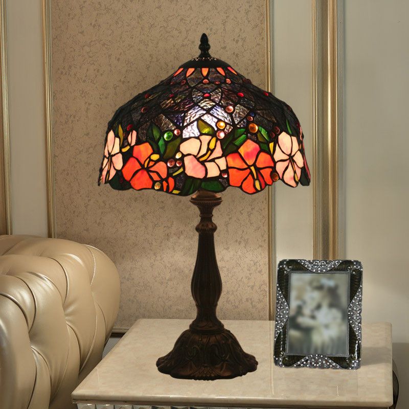 1 Light Bedroom Task Lamp Victorian Brass Floral Patterned Night Light with Bowl Cut Glass Shade