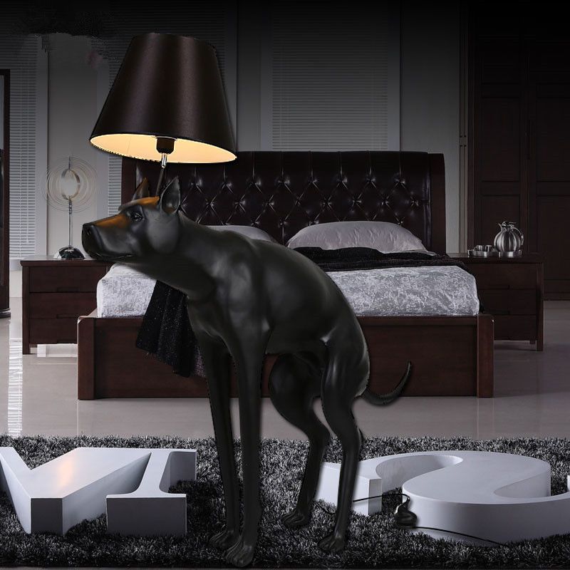 Resin Dog Nightstand Lamp Country Style 1 Bulb Bedroom Night Table Light in Black with Cone Fabric Shade