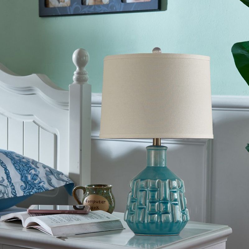 Fabric Scalloped Bell/Drum Table Lamp Vintage 1 Bulb Parlor Nightstand Light with Ceramic Pot Base in Blue