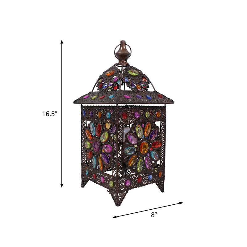 1-Light Stained Art Glass Table Light Bohemian Antiqued Black House Shaped Living Room Night Lamp