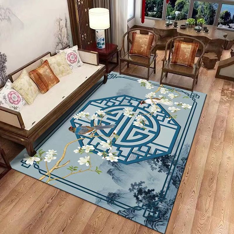 Blue Tone Chinese Indoor Rug Polyester Ink Branch Print Carpet Easy Care Rug for Home Decoration
