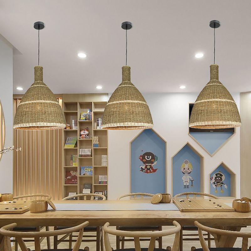 Magazzino 1 kit lampada appesa alla luce beige conic giù ciondolo illuminazione con tonalità rattan