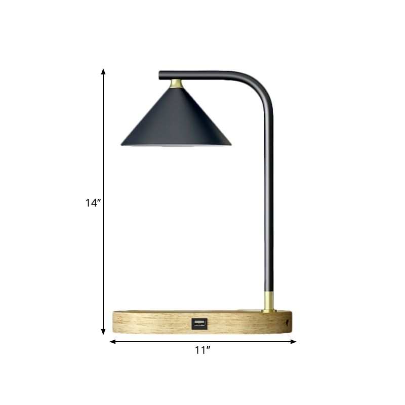 Simple Oblong Night Lighting Wood 1 Bulb Bedroom Desk Lamp in Beige with Conic Metal Shade