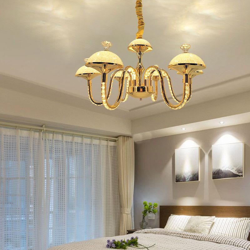 Bowl-Shaped K9 Crystal Pendant Chandelier Modernism LED Gold Hanging Light with Frosted Glass Shade