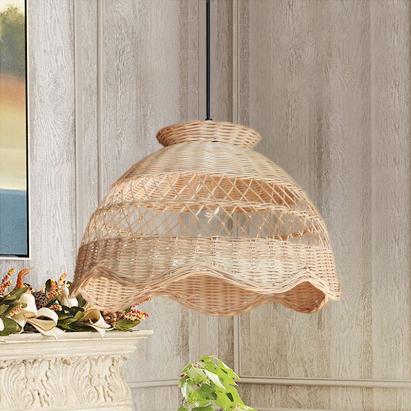 Bamboo Bowl Hollowed Out Hanging Light Asia 1 Bulb Beige Pendant Lighting with Scalloped Trim