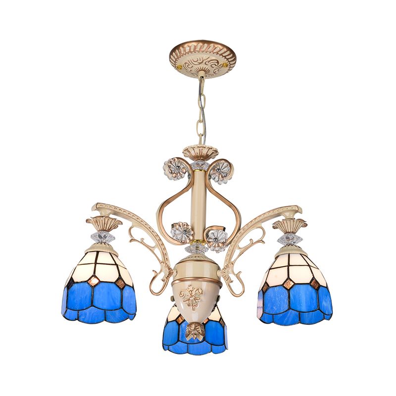 Blue Glass Dome Chandelier with Adjustable Chain 3 Lights Pendant Lighting for Foyer