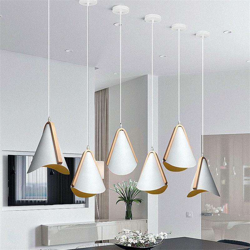 1-Light Nordic Style Hanging Light Wood Grain Metal Design Simplicity Suspension Lamp in White