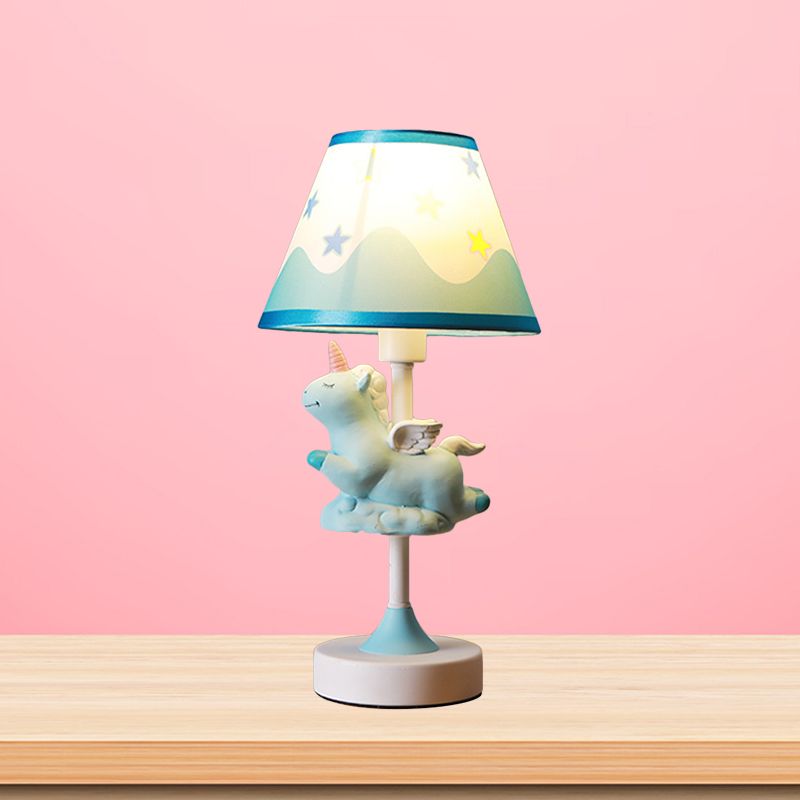 Unicorn Bedroom Night Light Resin 1-Light Cartoon Night Table Lamp in Pink/Yellow/Blue with Cone Fabric Shade