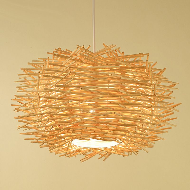 Asia Style Bird Nest Hanging Light Fixture Wood Dinning Room Pendant Lighting Fixture