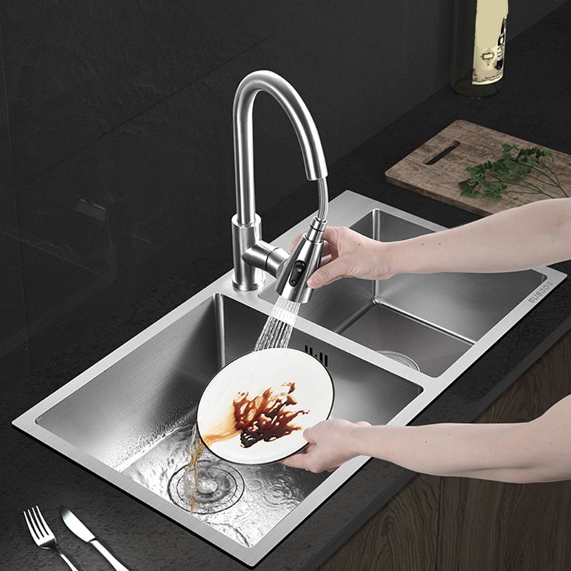 Contemporary Stainless Steel Kitchen Sink Double Basin Sink with Drain Assembly