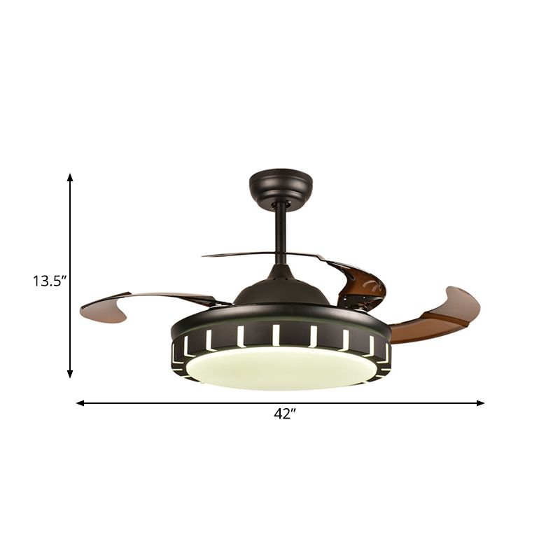 Metal Black Hanging Fan Light Circle LED Minimalist 4 Brown Blades Semi Flush Mount Ceiling Fixture with 4 Brown Blades for Bedroom, 36"/42" Width