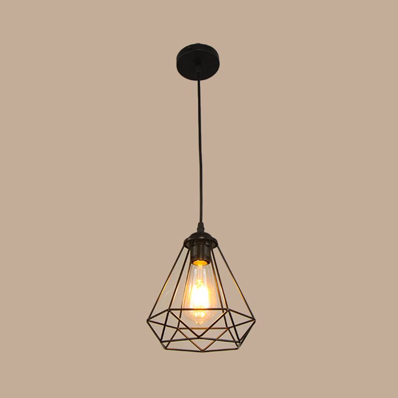 Single-Bulb Hanging Lamp Vintage Diamond Iron Ceiling Light in Black for Dining Room