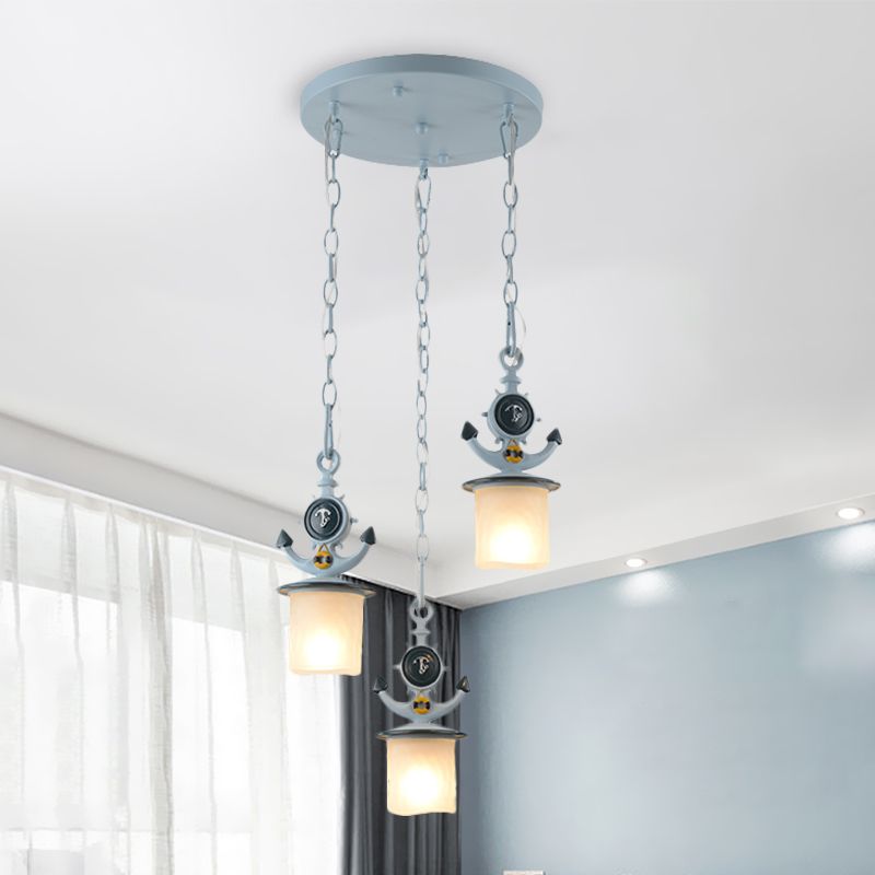 Kids Cylindrical Cluster Pendant Light Opal Glass 3 Bulbs Bedroom Down Lighting in Blue with Round/Linear Canopy