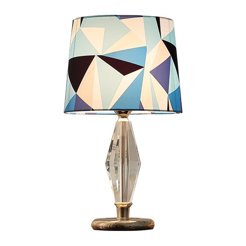 Patchwork Fabric Table Lamp Modern 1 Bulb Bedroom Nightstand Light in Blue with Crystal Accent