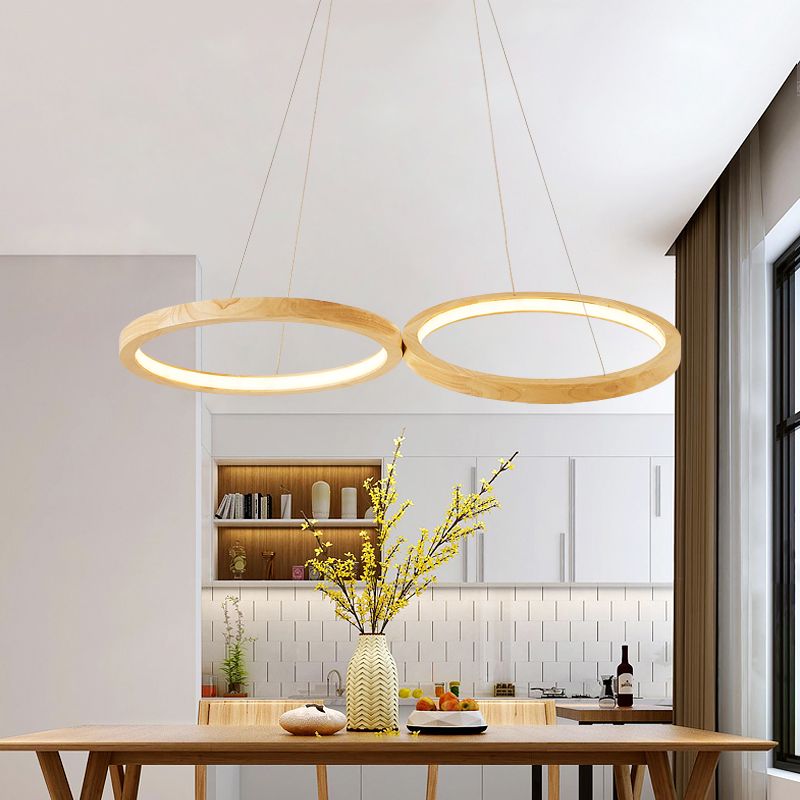 Ring Shaped Wooden Chandelier Light Modern LED Beige Hanging Ceiling Light for Dining Room