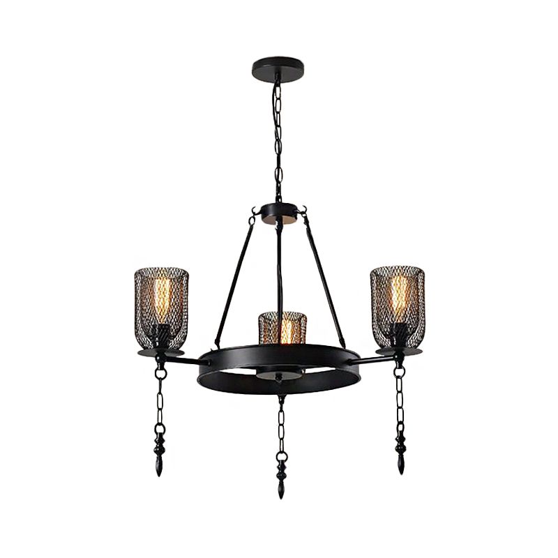 Bell Metallic Chandelier Light Fixture Industrial 3/6 Lights Dining Room Hanging Lamp Kit in Black with Wheel Design