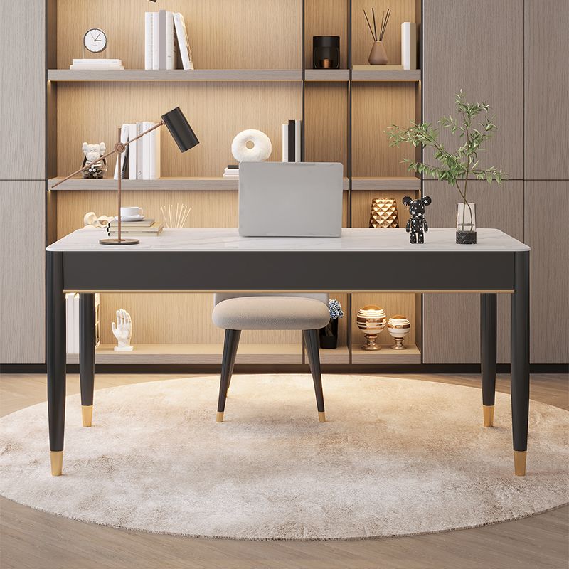 Contemporary Stone Office Desk 2 Drawers Parsons Base Writing Desk