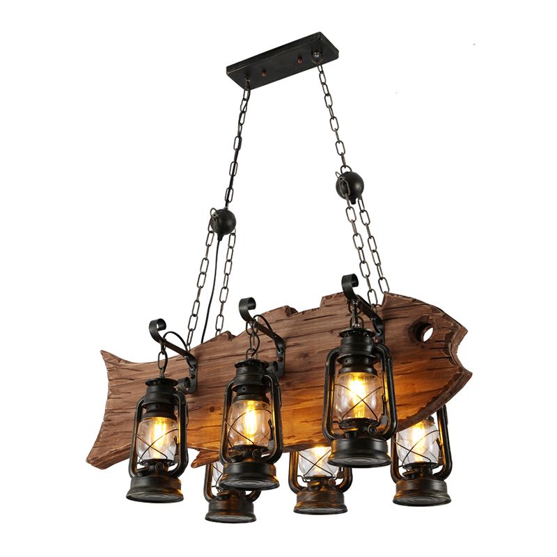 Black Kerosene Chandelier Light Coastal Clear Glass 6 Heads Restaurant Pendant Lighting with Wood Fish