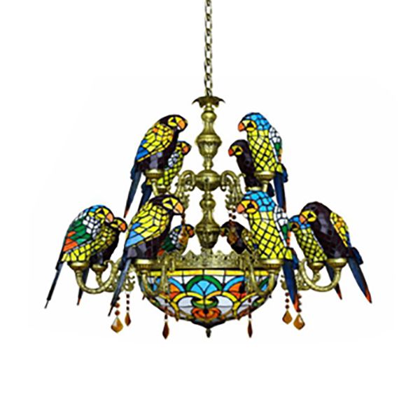 12 Arms Parrot Suspension Light Rustic Stained Glass Chandelier Light with Center Bowl in Yellow