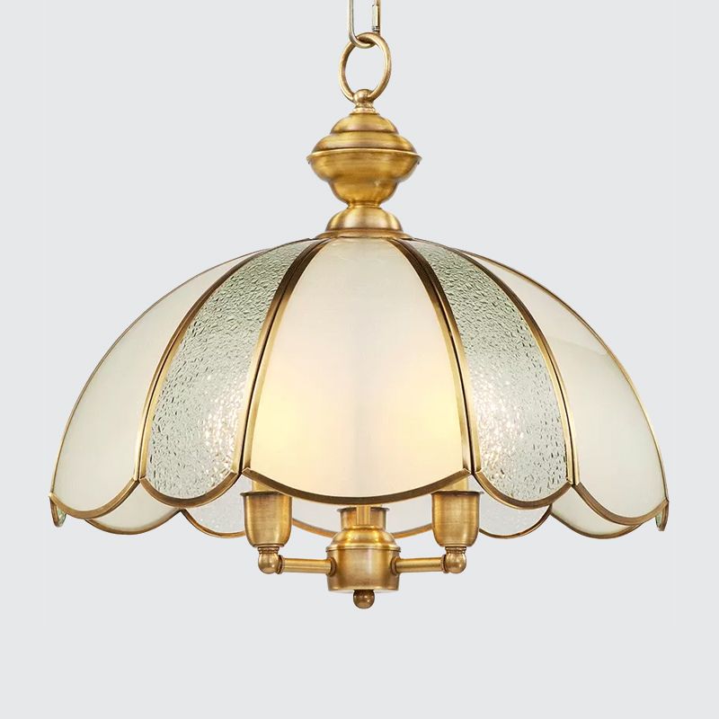 3 Lights Dome Chandelier Lamp Classic Polished Brass Frosted Glass Hanging Lighting