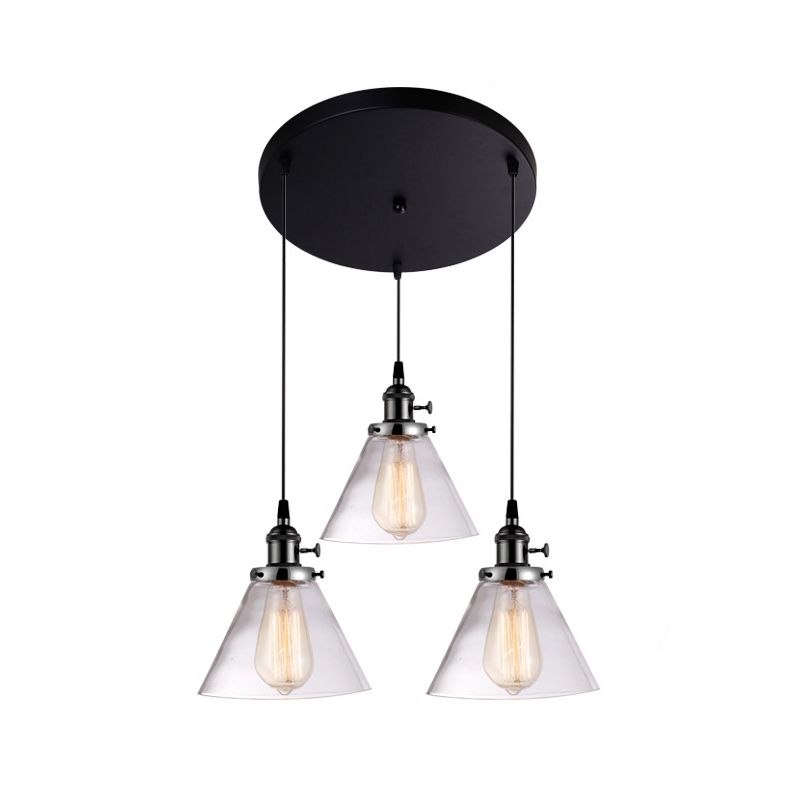 3 Heads Cluster Pendant Light Warehouse Cone Clear Glass Down Lighting for Dining Room