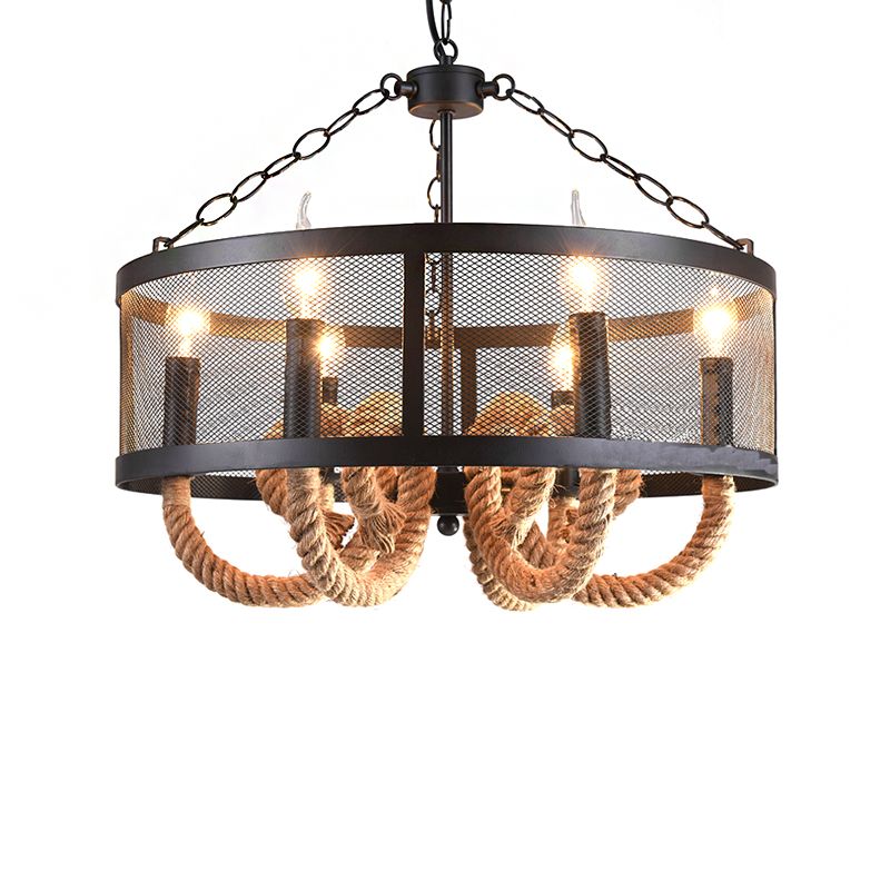 Rope Black Pendant Lamp Candle 6 Light Industrial Chandelier Light Fixture with Wire Mesh