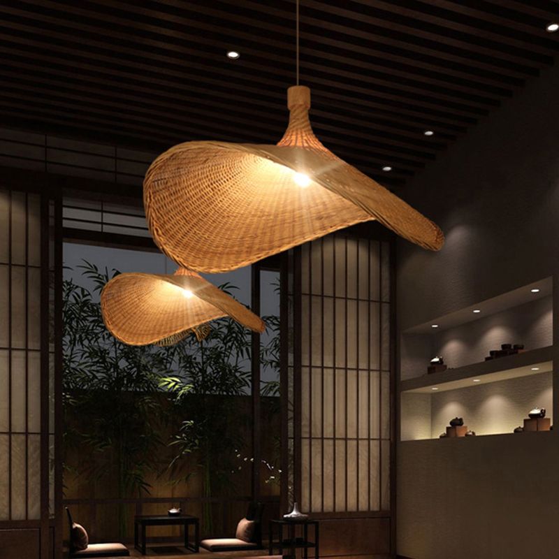 Hat Shaped Bamboo Ceiling Lighting Asian Style 1 Bulb Wood Hanging Light for Restaurant