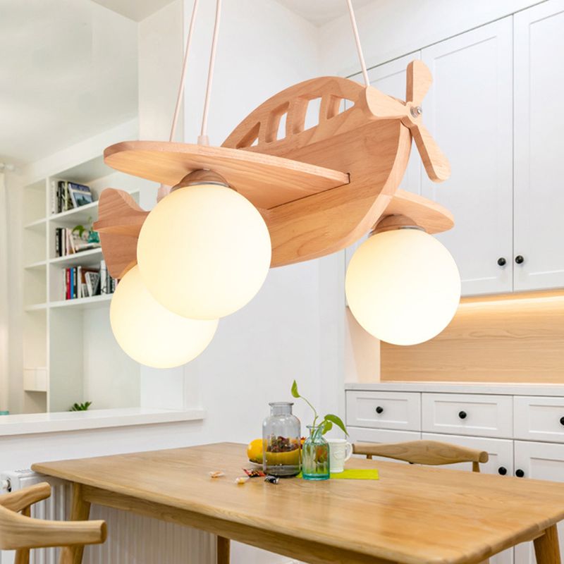 3 Lights Airplane Pendant Light Fixture Cartoon Wooden Suspension Pendant Light with Ball White Glass Shade