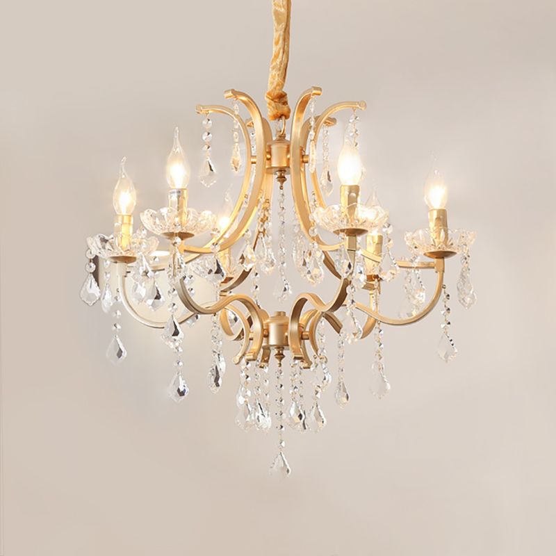 Metal Flameless Candle Pendant Chandelier Light Modernism 6/8 Heads Hanging Lamp with Crystal Bead in Gold