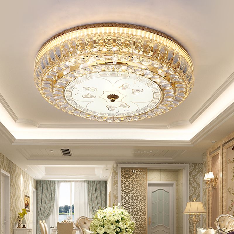 LED Drum Flush Light Modernism Clear Crystal Ceiling Light Fixture with Glass Diffuser and Flower/Butterfly Pattern in Gold