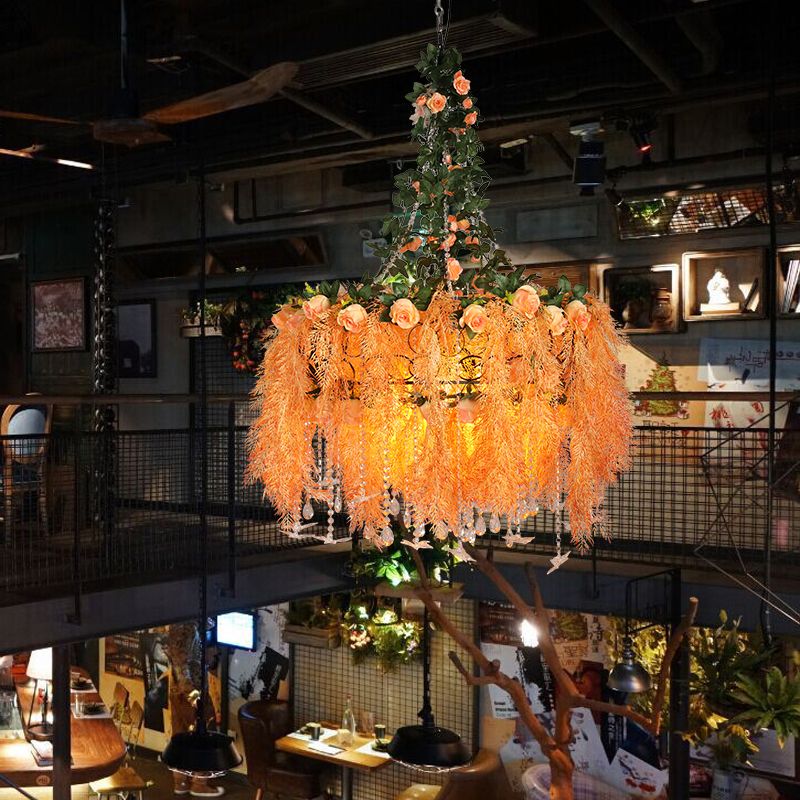 4-Bulb Round Cage Chandelier Light Warehouse Orange Metal Ceiling Pendant Lamp with Plant Decor