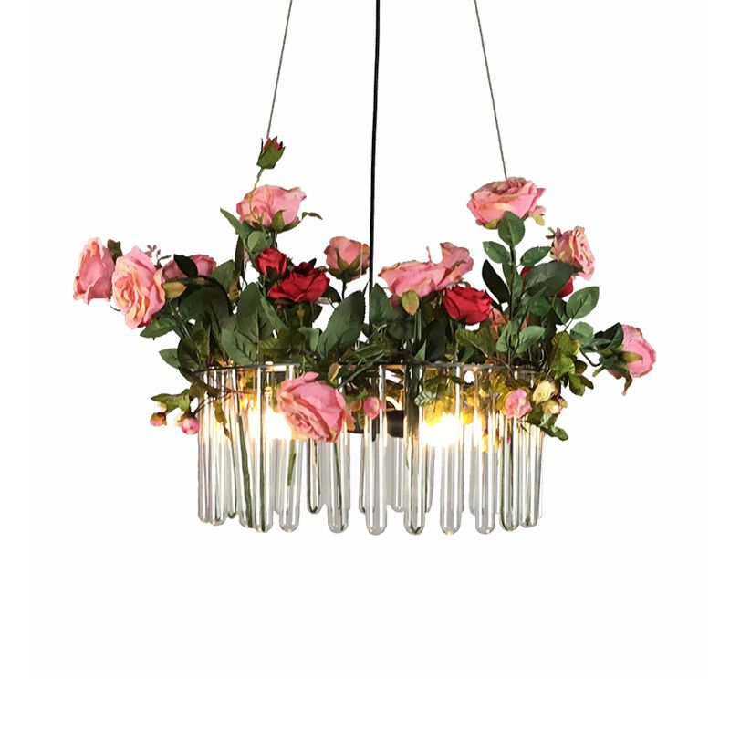 Tube Restaurant Chandelier Industrial Clear Glass 3 Heads Green Hanging Pendant Light with Artificial Rose Deco