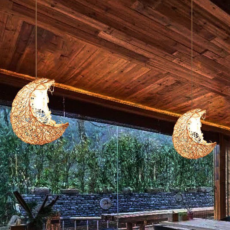 Luce a sospensione rattan a forma di mezzaluna moderna moderna 1 testa lampada appesa per il ristorante