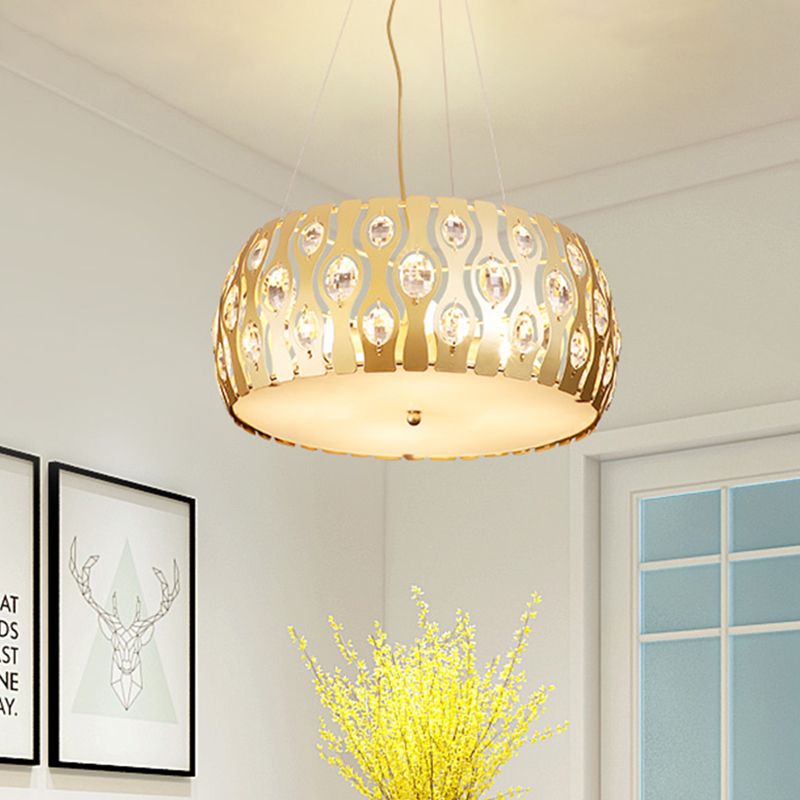 Lampadario a sospensione del tamburo in metallo moderno 3/4 luci da 15 "/19" Lampada a soffitto in oro con accento cristallino