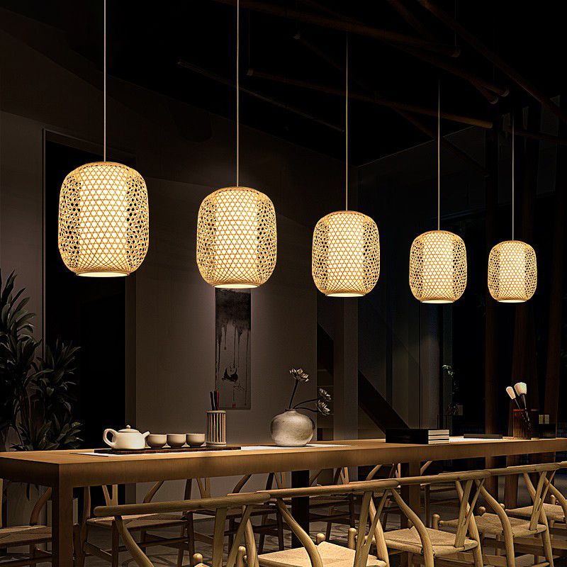 OVAL BAMBOO Suspension Light Asian 1-Bulb Beige Plafond Lanterne suspendu pour restaurant