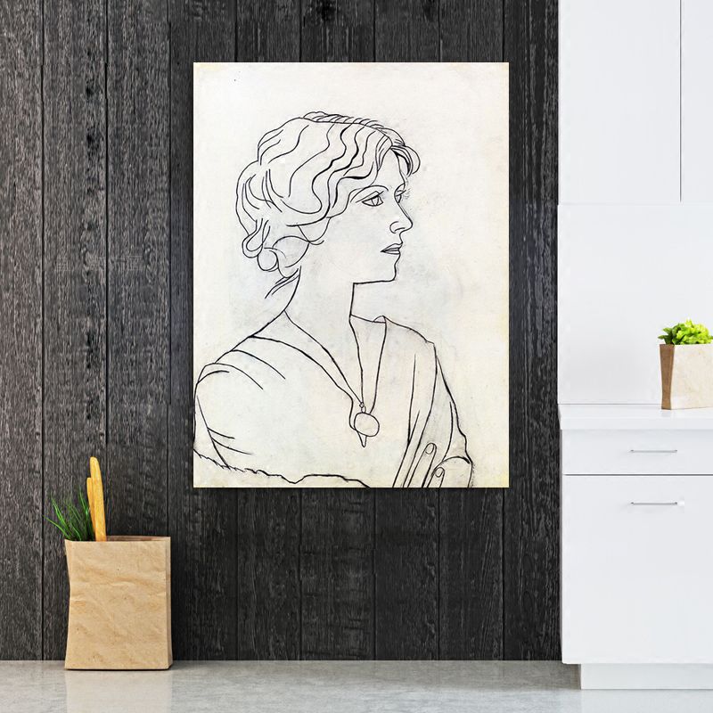 Black and White Minimalist Canvas Art Pencil Drawing Woman Side Face Wall Decor for Room