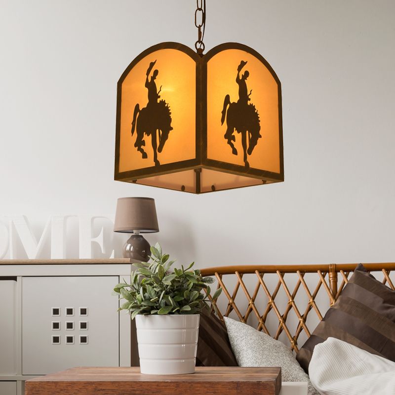 Square Pendant Lighting Metal Vintage 1 Bulbe Restaurant Hanging Light Kit en rouille avec motif de cheval