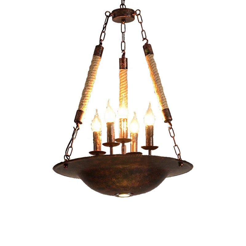 5-Light Metal Hanging Chandelier Industrial Rust Candle Dining Room Pendant Light Fixture with Rope Chain