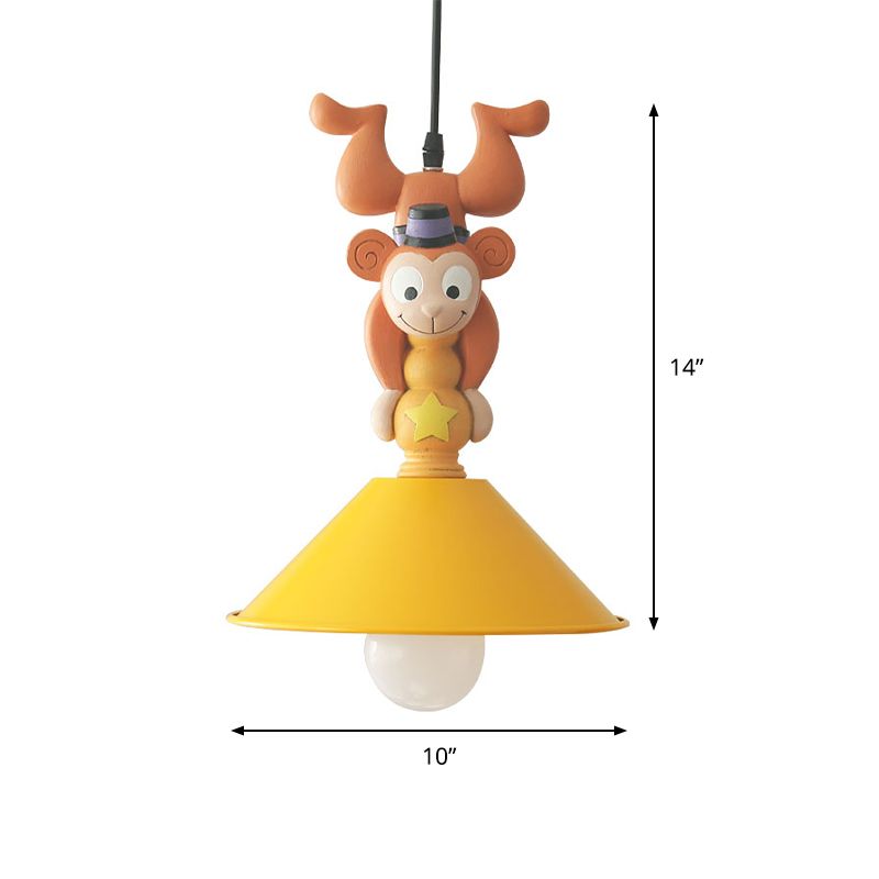 Enfants dessin animé singe plafonnier lumière résine 1/3 lampes chambre suspendue suspendue en jaune avec nuance de cône