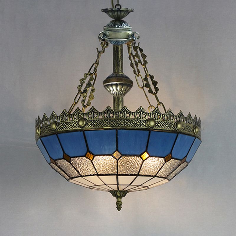 Mediterranean Bowl Drop Light with Metal Chain Adjustable Stained Glass Ceiling Pendant in White/Clear