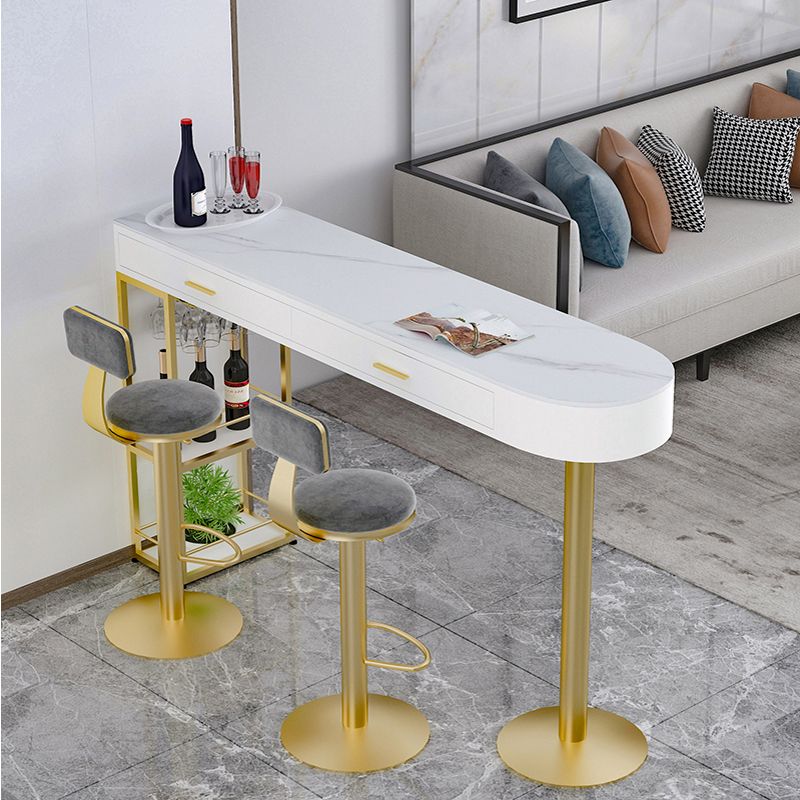 Glam Gold Iron Bar Dining Table White Stone Top Indoor Bistro Table with Drawer