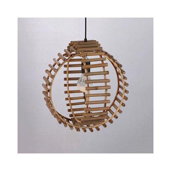 Rustic Double Rings Hanging Pendant Bamboo Stick Single Bulb Foyer Suspension Lamp in Beige