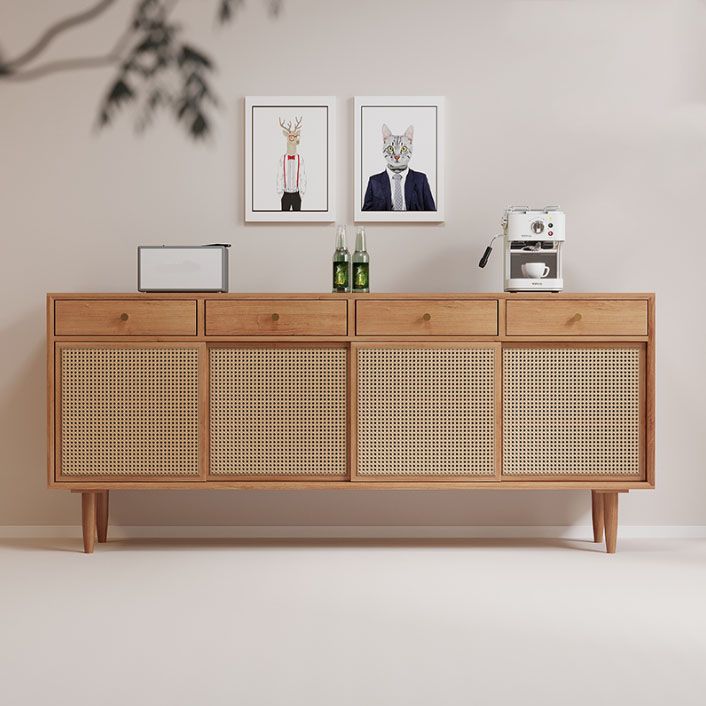 Contemporary Pine Wood Sideboard with Cabinets and Drawers Brown Dining Buffet for Home