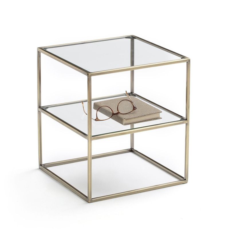 Modern 18 Inch H Night Table Metal Glass Top Open Storage Nightstand