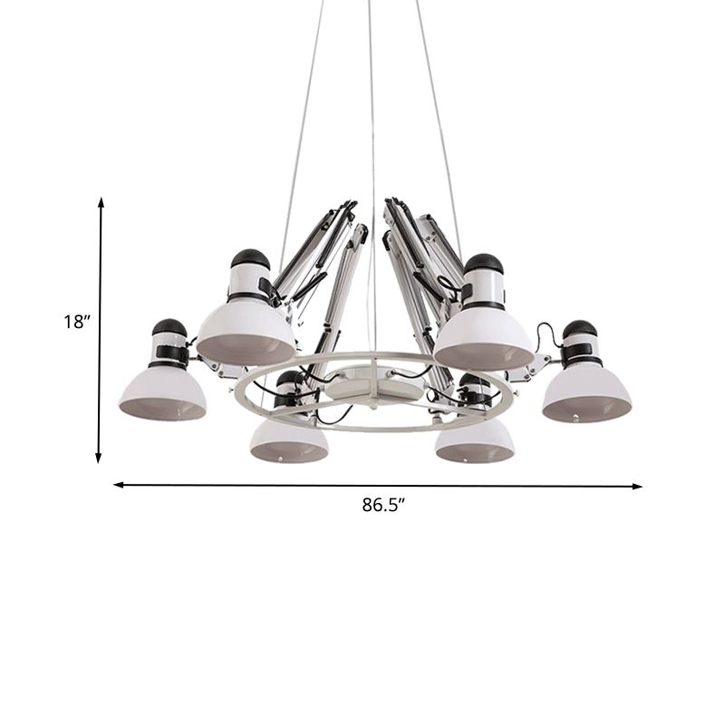 6-Heads Chandelier Lighting Vintage Domed Metal Hanging Ceiling Lamp in White with Swing Arm