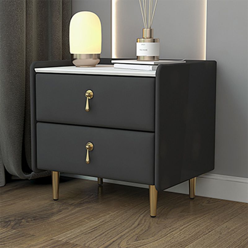 19 Inch Tall Nightstand Glam 2-Drawer Stone Top Faux Leather Night Table